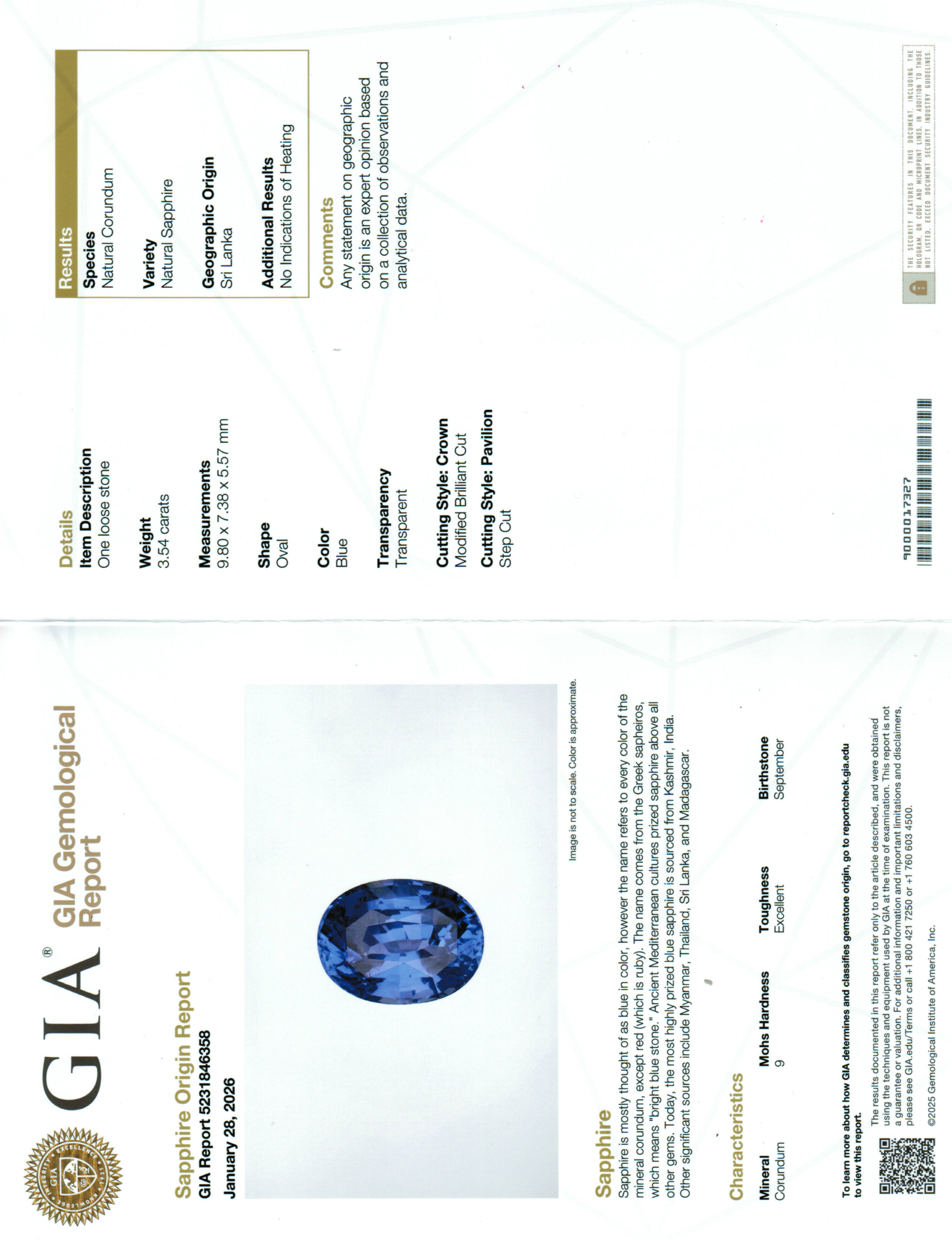 Sapphire Oval: 3.54ct