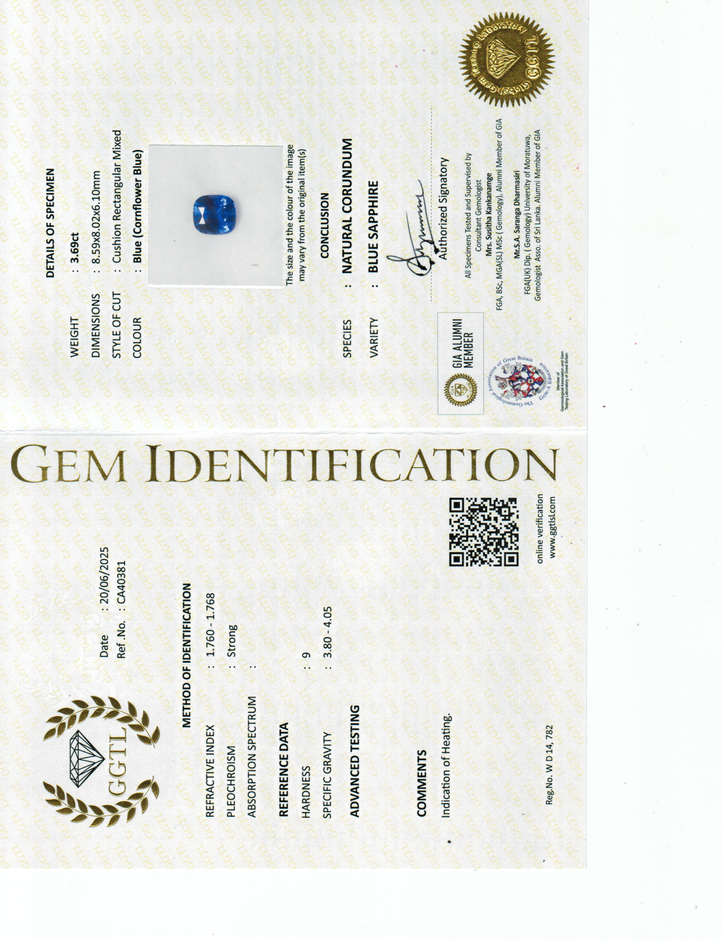 Sapphire Cushion: 3.70ct