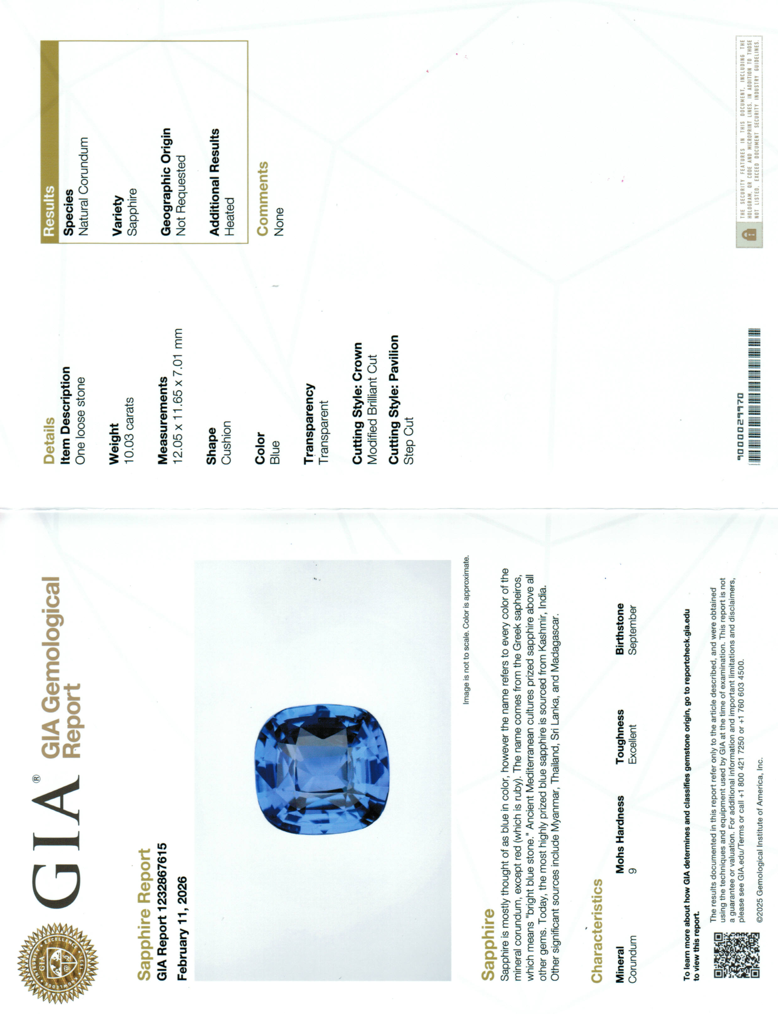 Sapphire Cushion: 10.03ct